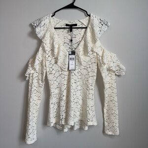 NEW BCBGMAXAZRIA “Astril” Lace Cold Shoulder Ruffle Top in Whisper White Size M